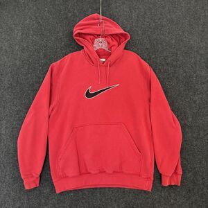 Nike Hoodie Men's Medium Red Swoosh Pullover Sweatshirt Center Swoosh Fleece